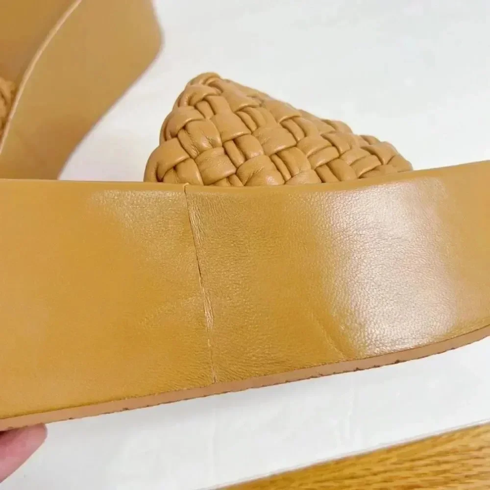 Vince Mari Tan Woven Leather Platform Wedge Sandals Women's Size 9